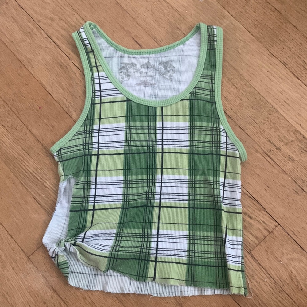 Green Plaid Cropped Scoop Neck Tank Top